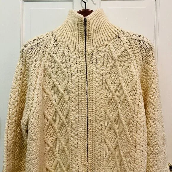 Carraig Donn Zip Up Sweater Cream Aran Cable Knit Fisherman Wool Ireland Heavy - Picture 7 of 16